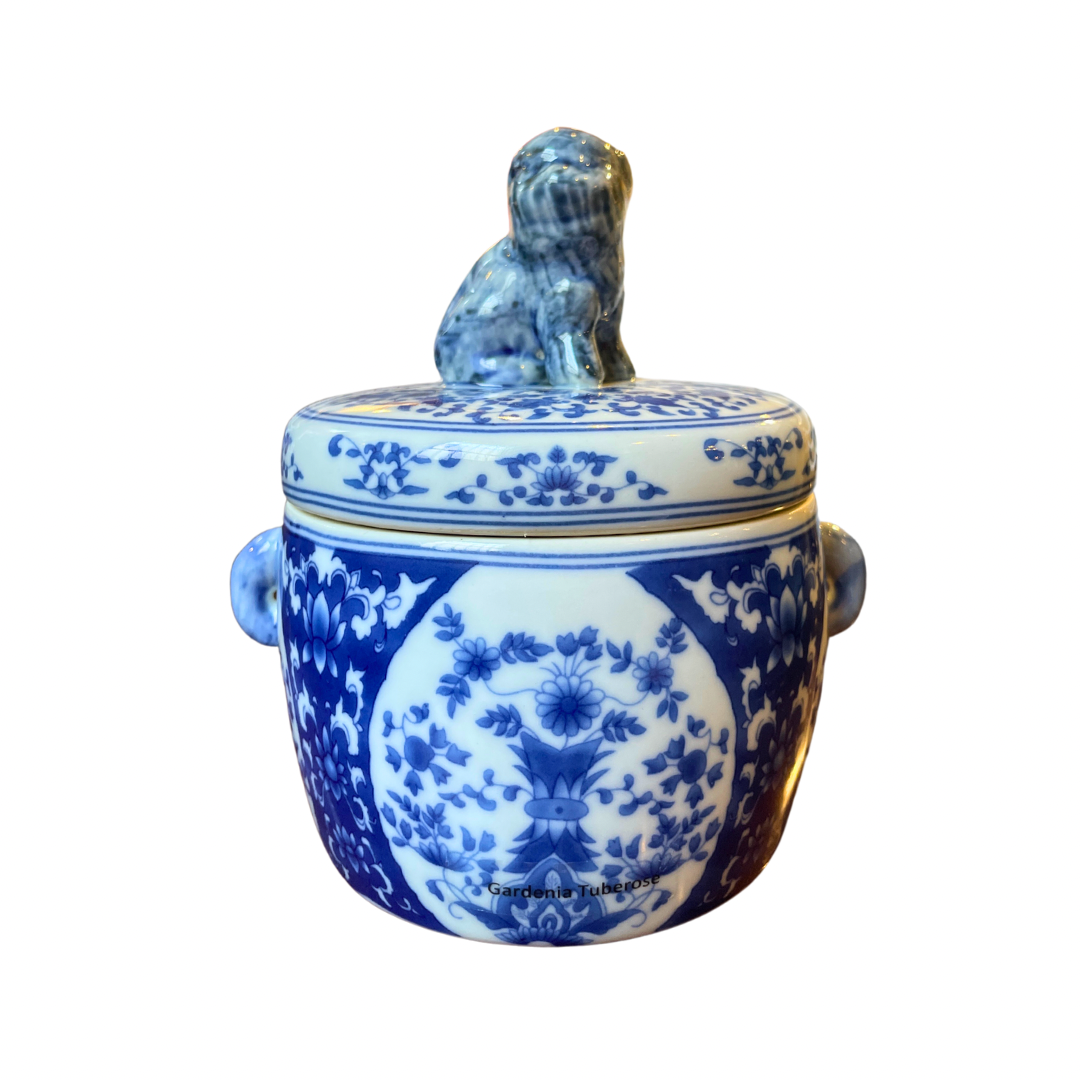 Candle in Blue and White Pot with Foo Dog Lid