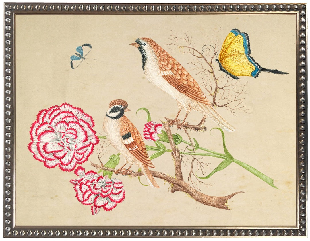 Vintage Bookplate With Birds, Flowers And Insects On A Distressed Natural Background