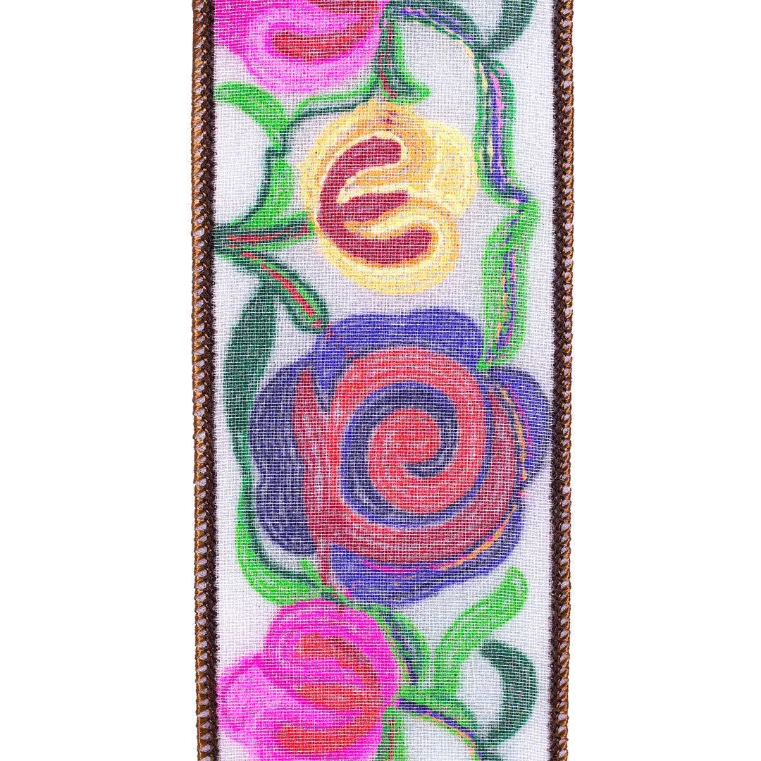Crewel Floral Embroidered Wired Edge Ribbon 2.5 in x 5 yd