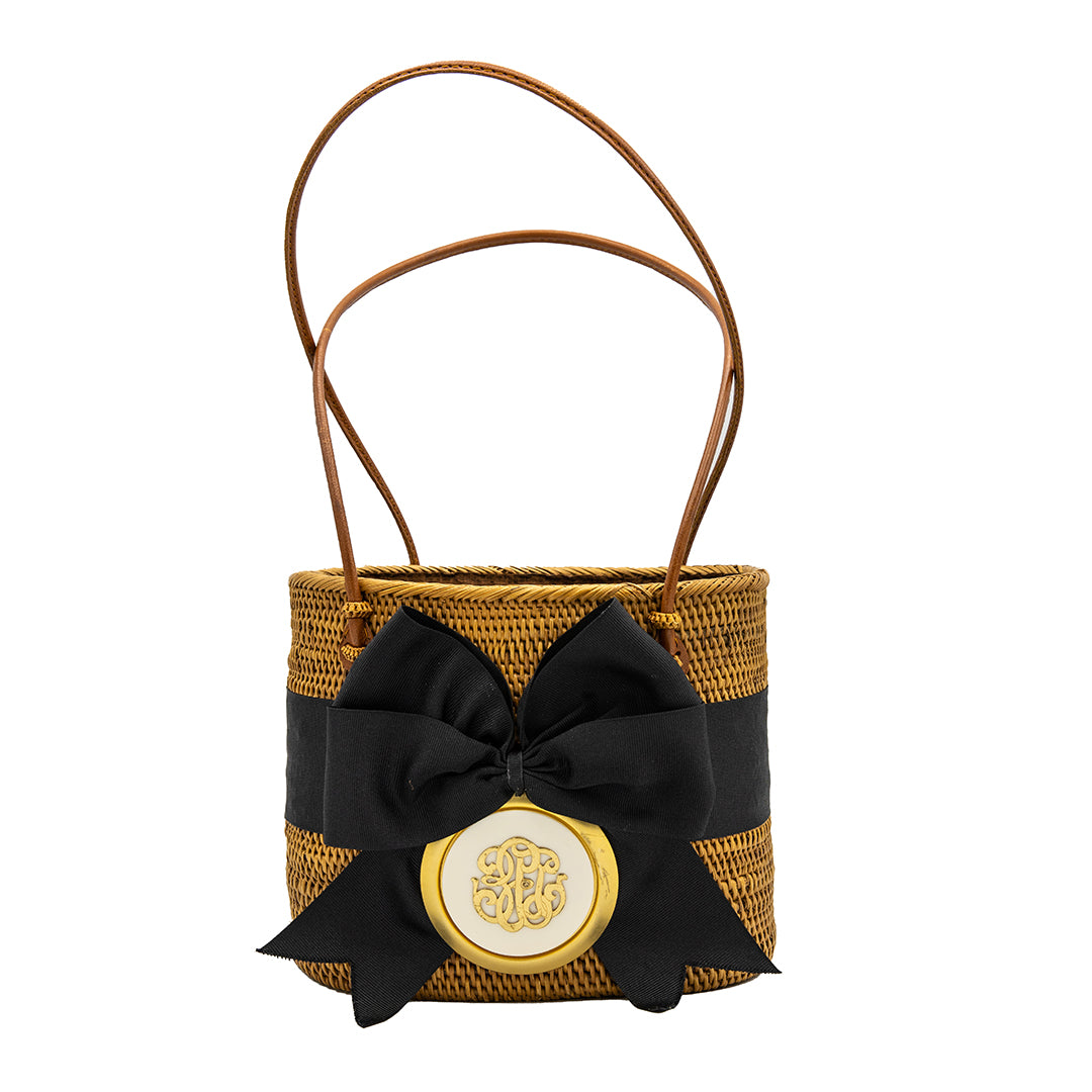 Vintage Bosom Buddy Bag with Black Bow and White and Gold Generic Monogram