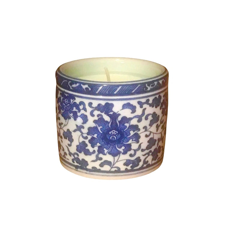 Candle in 3.5" Blue and White Vine Design Pot