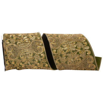 Chintz Garden Green and Gold Wired Edge Ribbon 4 in x 5 yd