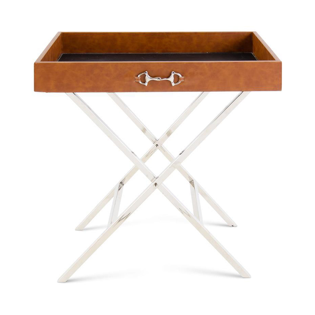 Tan Leather Side Table with Removable Tray