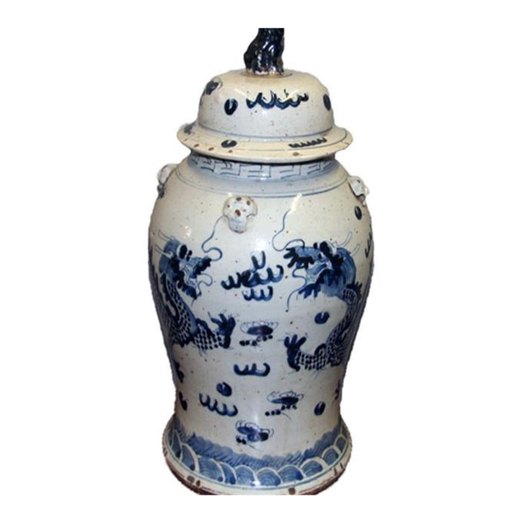 Porcelain Blue/White Temple Jar with Dragons