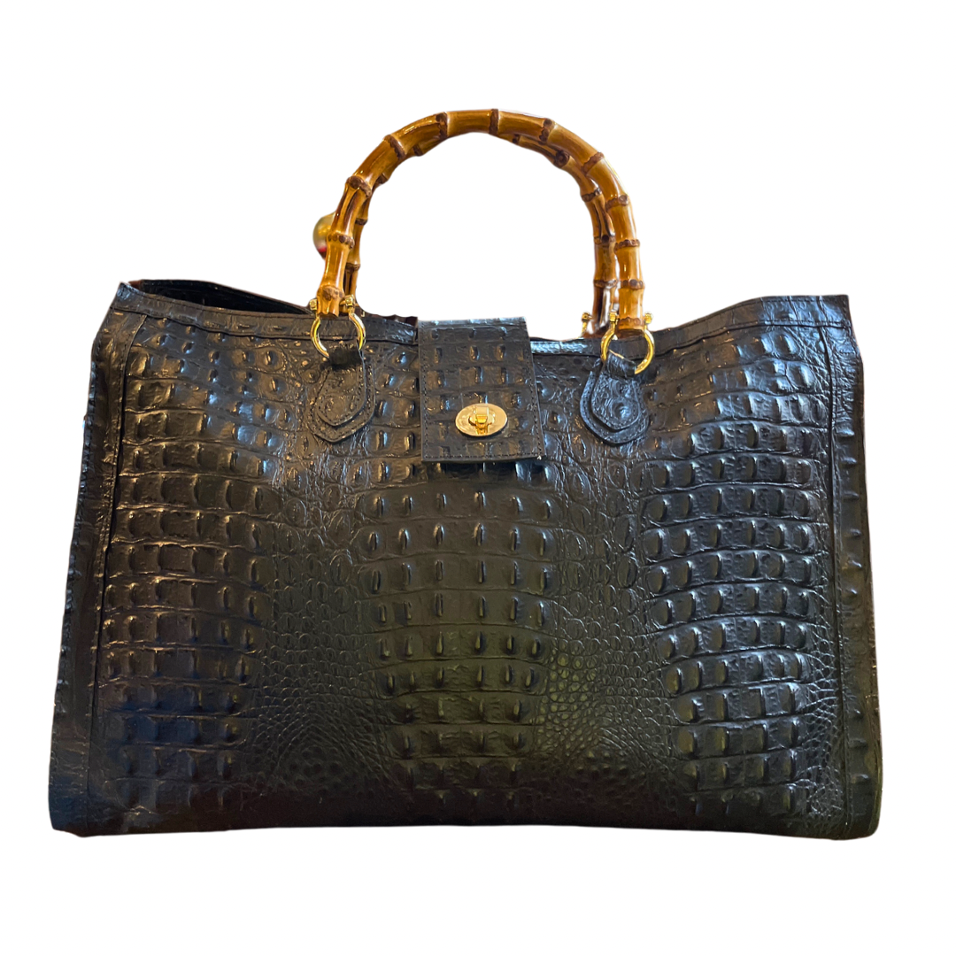 Large Black Embossed Crocodile Leather Bag with Bamboo Handles