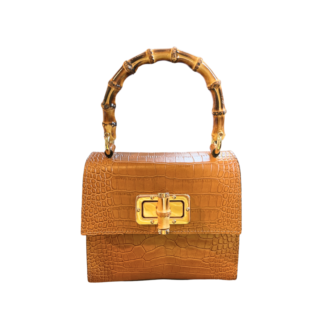 Tan Embossed Leather Crocodile Bag with Bamboo Handles