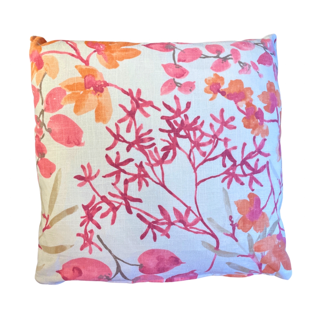 Rose and Tangerine Colored Floral  Linen Pillow - 22"