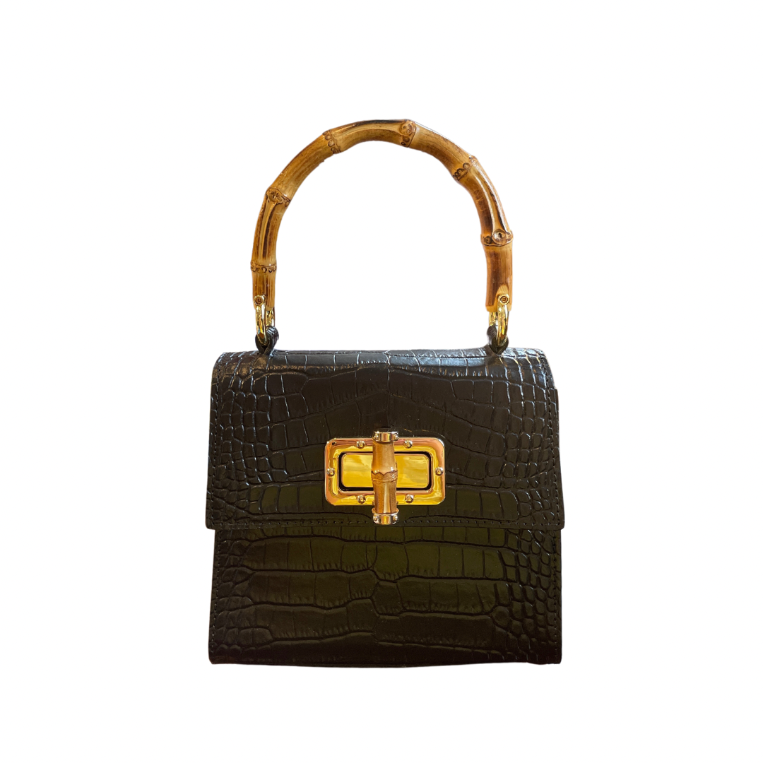 Black Embossed Leather Crocodile Bag with Bamboo Handles