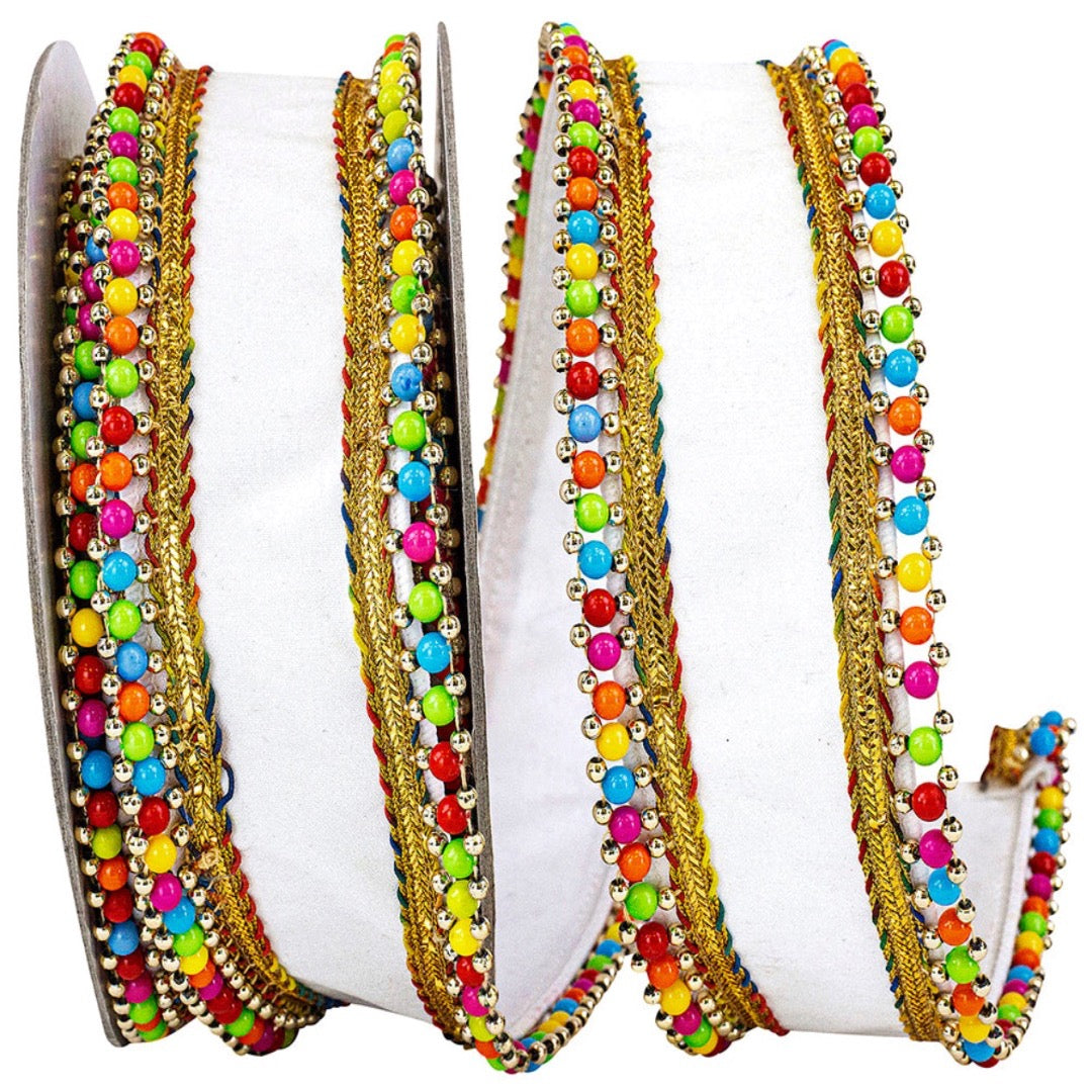 White Skittle Wired Edge Ribbon 2.5 in x 5 yd