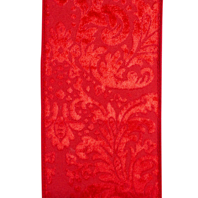 Red Cut Velvet Damask Wired Edge Ribbon 4 in x 5 yd