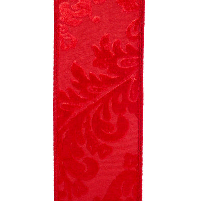 Red Cut Velvet Damask Wired Edge Ribbon 2.5 in x 5 yd