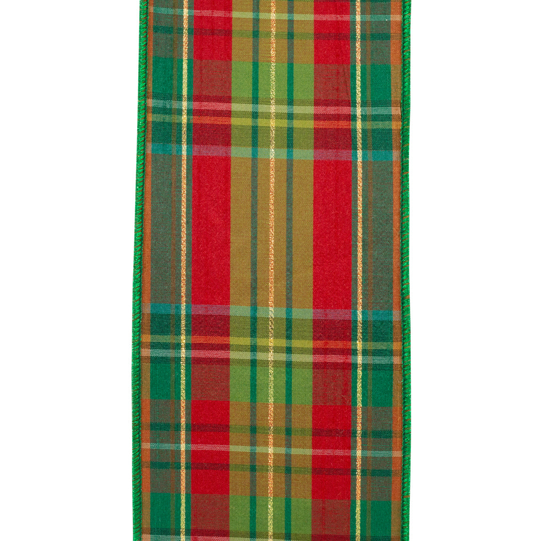 Christmas Plaid Green Backed Wired Edge Ribbon 4 in x 5 yd