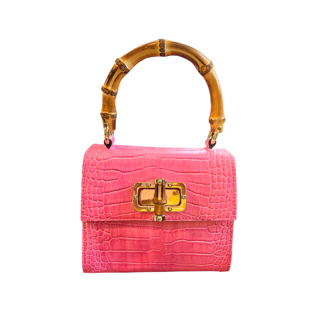 Pink Embossed Leather Crocodile Bag with Bambo Handles