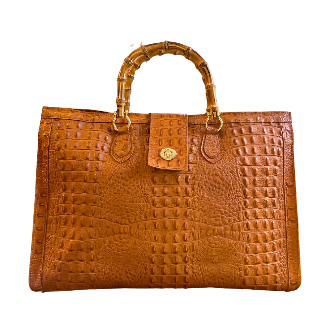 Large Tan Embossed Crocodile Leather Bag with Bamboo Handles