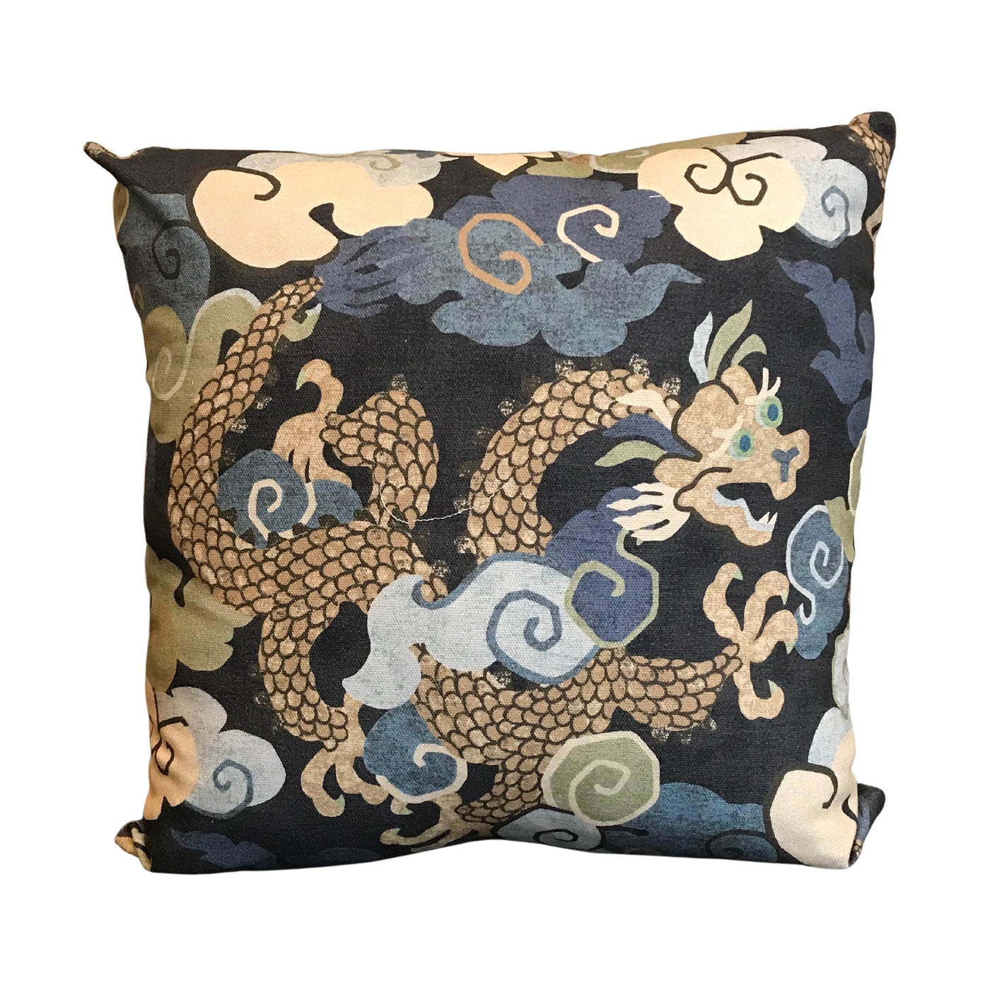 Oriental Dragon on Dark Blue Linen Pillow - 22"