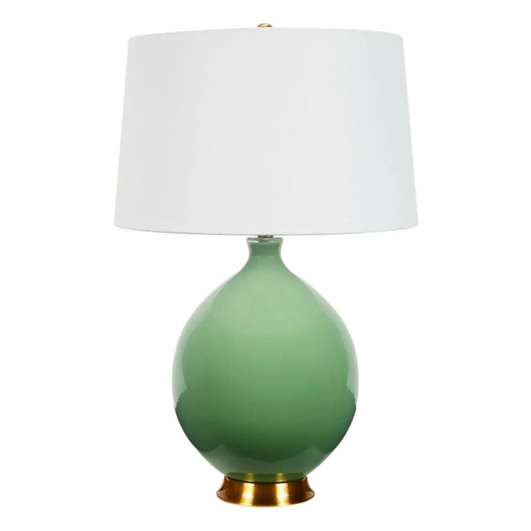 Weston Large Round Green Glass Lamp with White Linen Shade