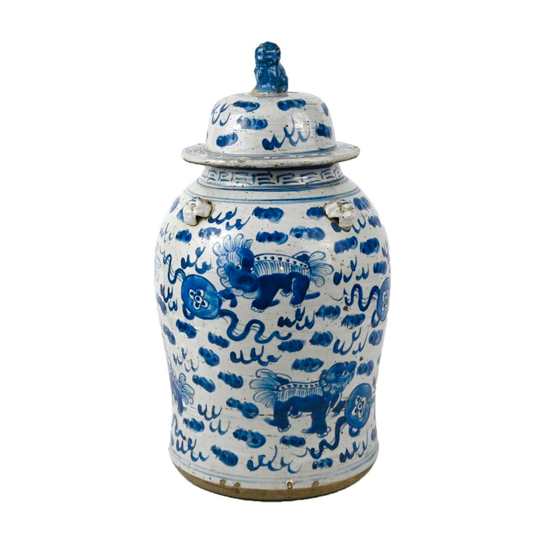 Porcelain Blue/White Temple Jar with Foo Dogs
