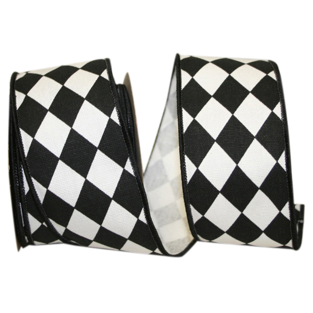 Black and White Harlequin Twill Wired Edge Ribbon 2.5 in x 10 yd