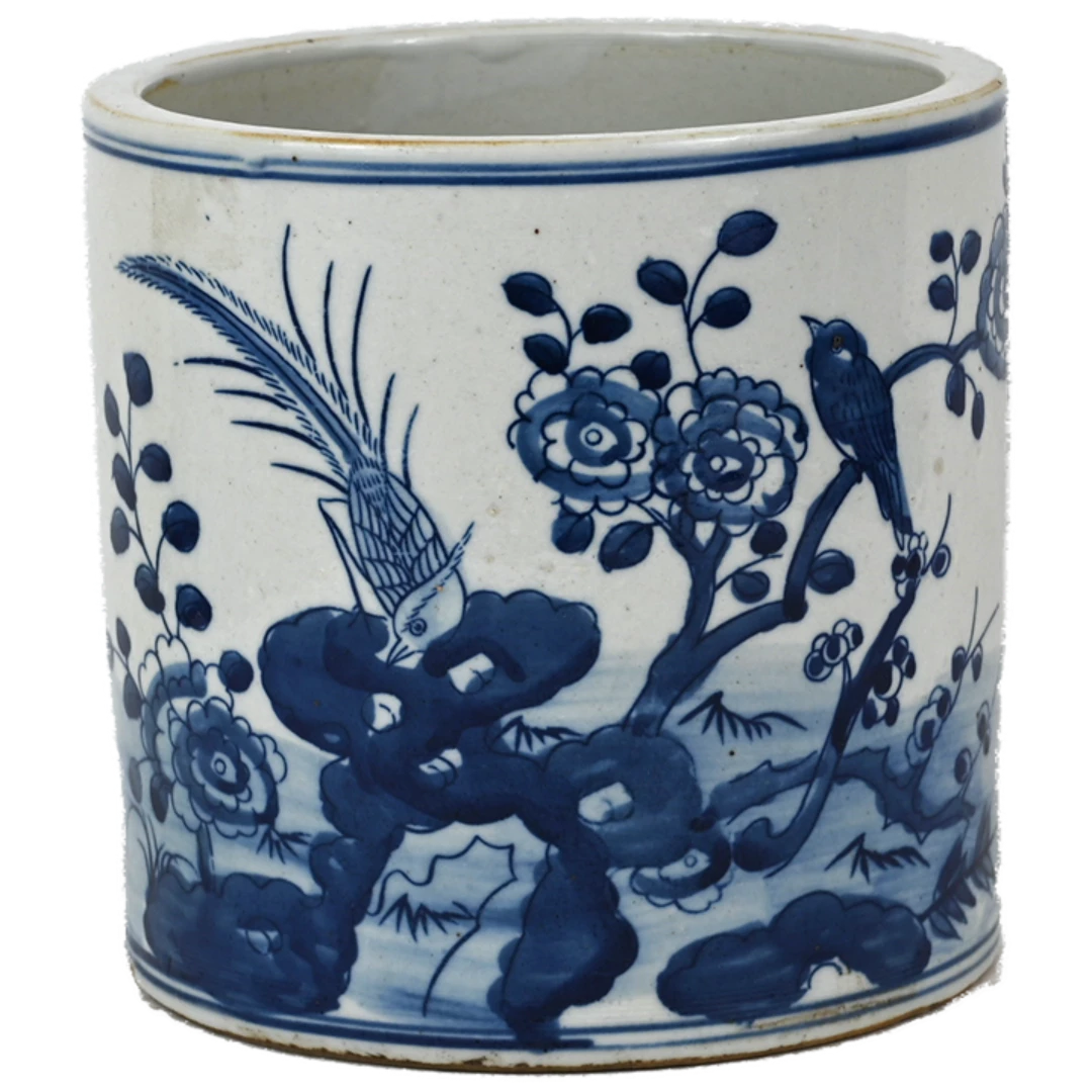 Porcelain Blue/White Pot with Birds - Medium
