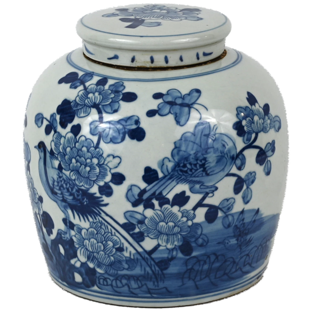 Porcelain Blue/White Lidded Jar with Birds - Medium