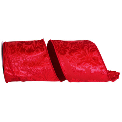 Red Cut Velvet Damask Wired Edge Ribbon 4 in x 5 yd