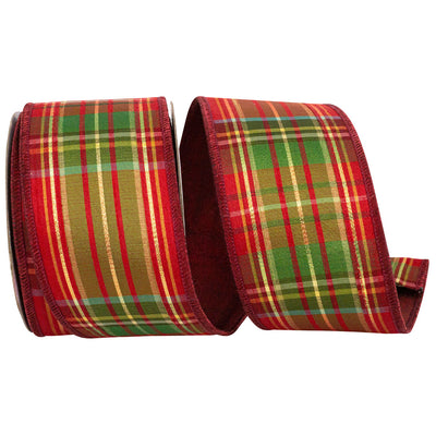 Cranberry Plaid Wired Edge Ribbon 2.5 in x 10 yd