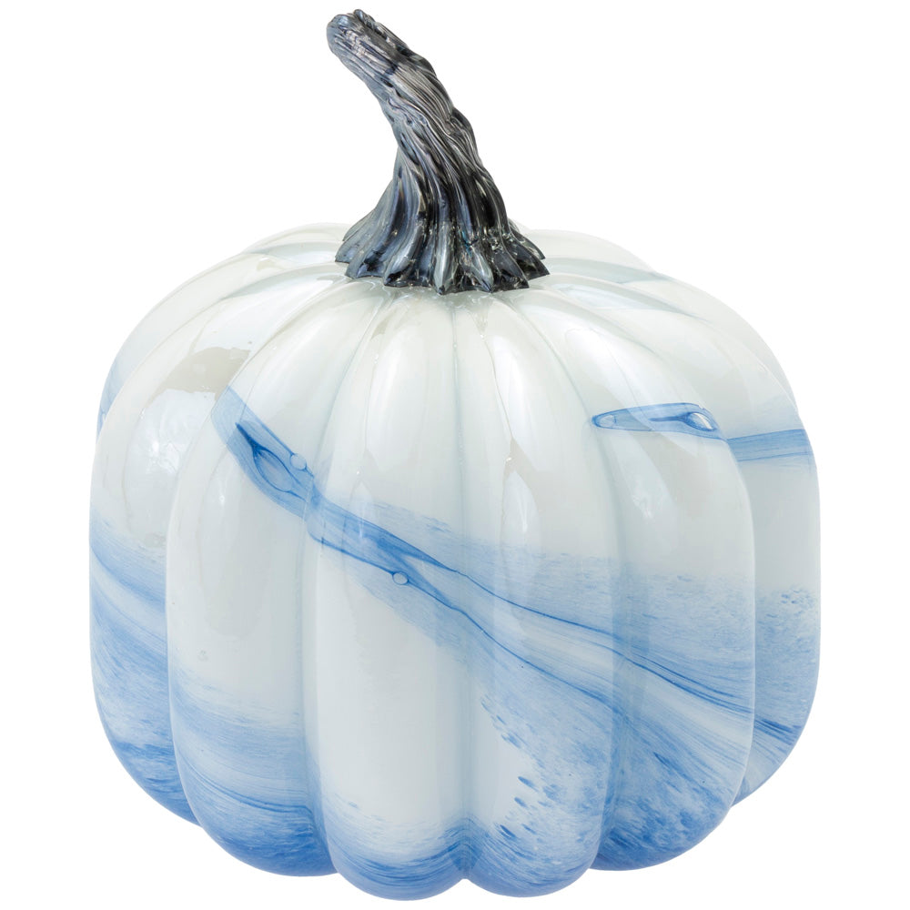 Medium White Blue Swirl Glass Pumpkin