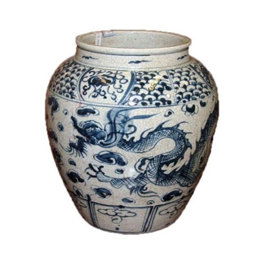 Porcelain Blue/White Crackle Jar with Dragon