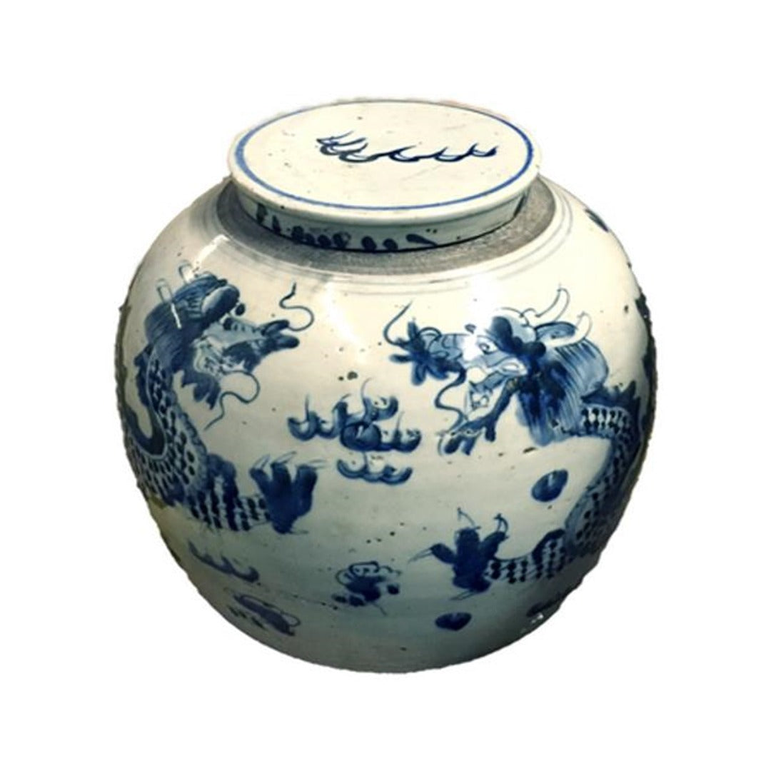 Porcelain Blue/White Jar with Dragons - Large