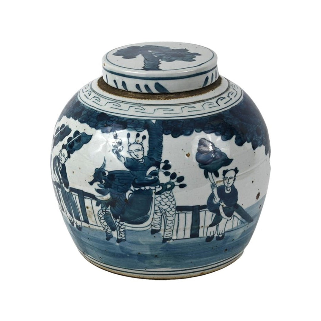 Porcelain Blue/White Lidded Round Jar with Kids - Medium