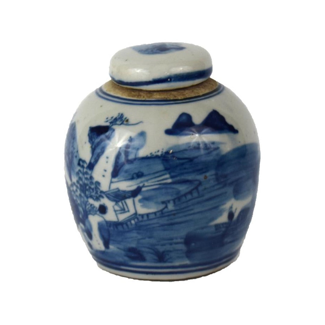 Porcelain Blue/White Tiny Lidded Jar with Landscape