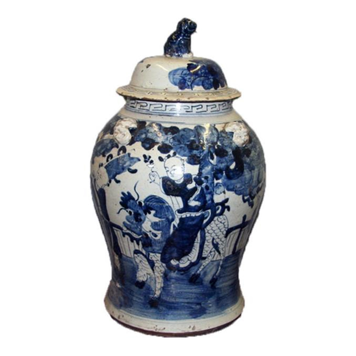 Porcelain Blue/White Temple Jar with Kids and Qilin - Extra Large