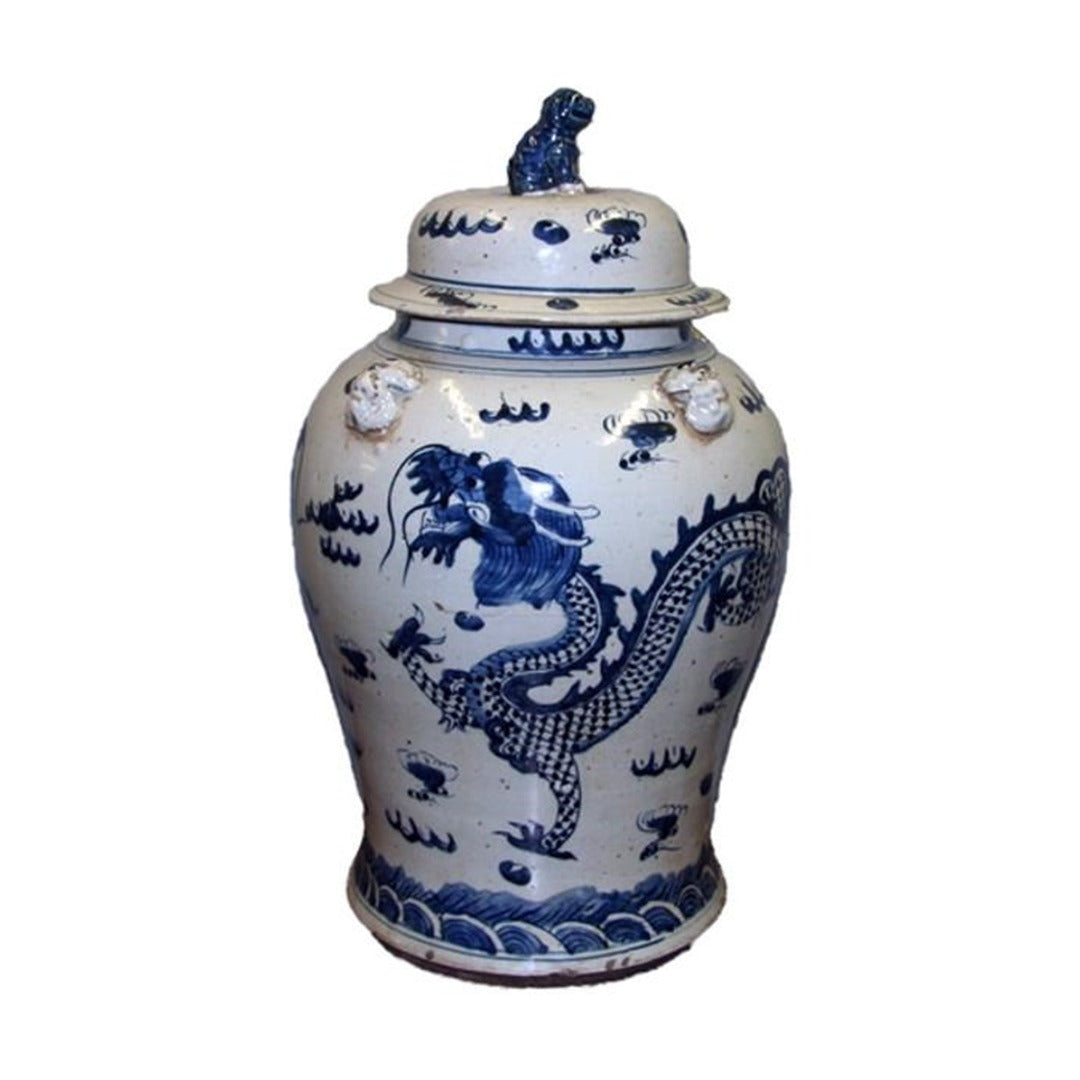 Porcelain Blue/White Temple Jar with Dragons - Large
