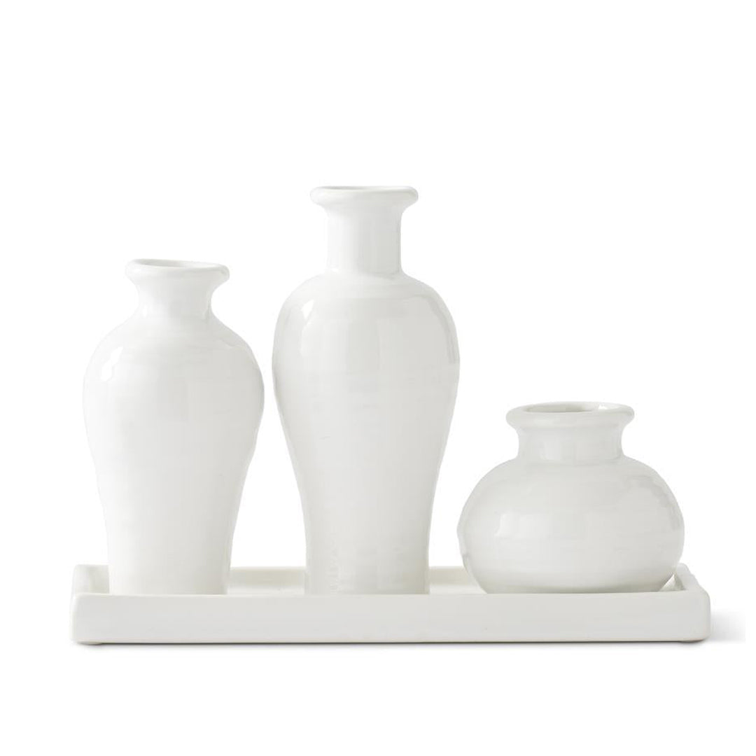 White Ceramic 3 Cluster Vase with Tray
