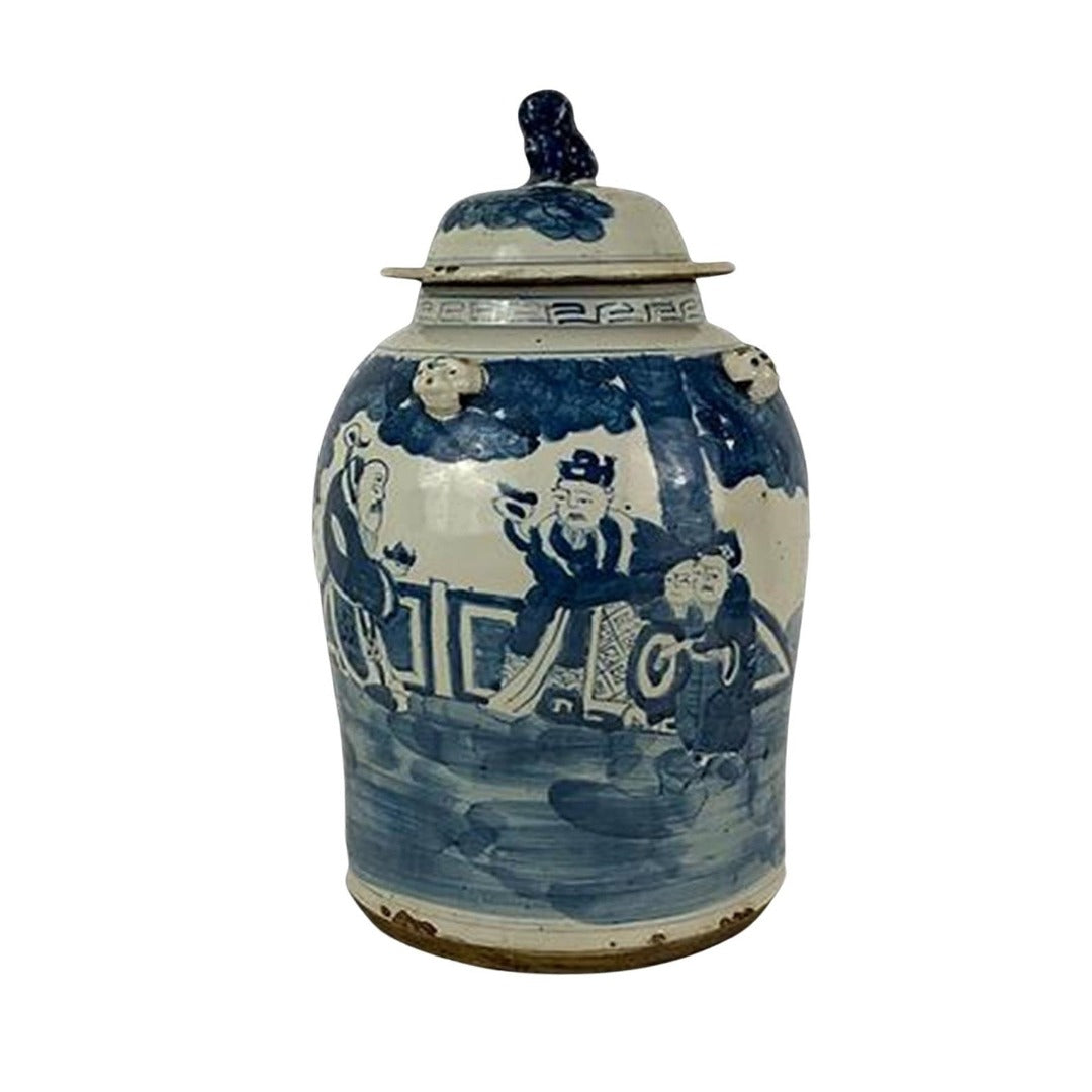 Porcelain Blue/White Temple Jar with People
