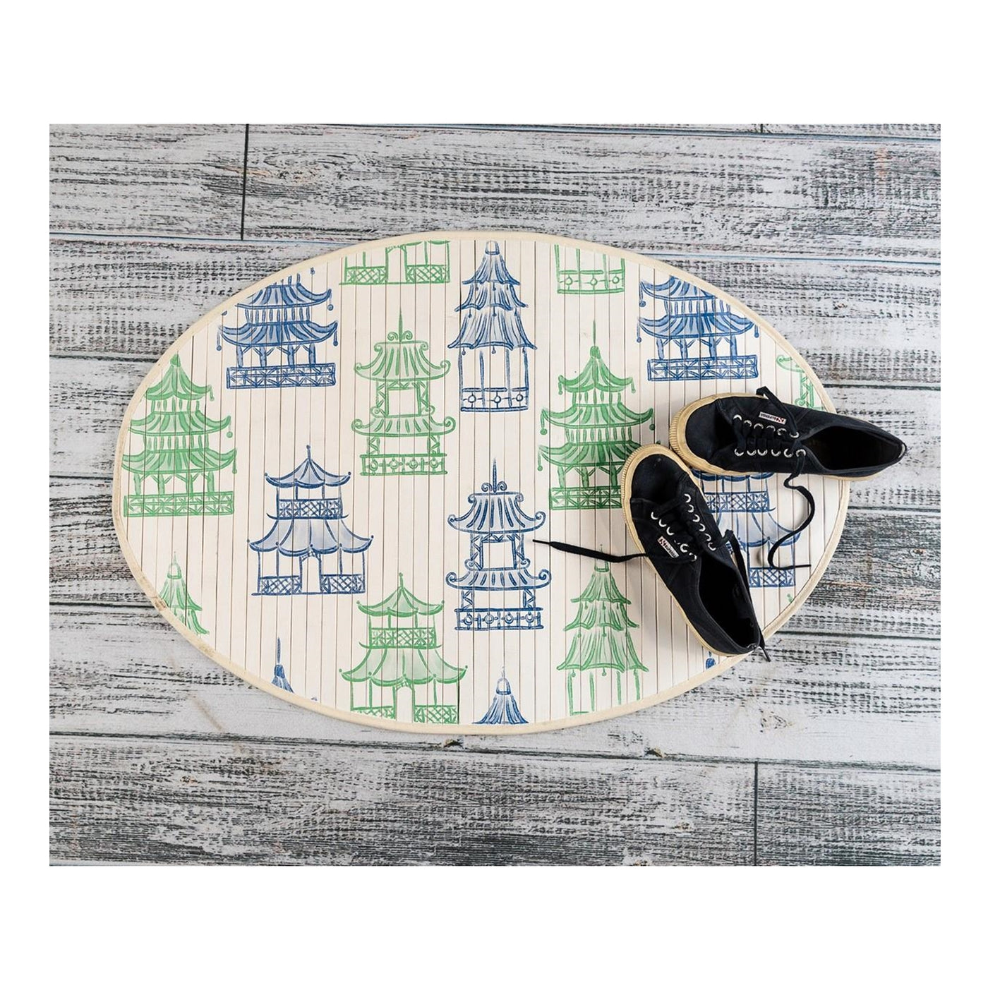 Oval Bamboo Mat - Blue and Green Pagoda  35" x 24"
