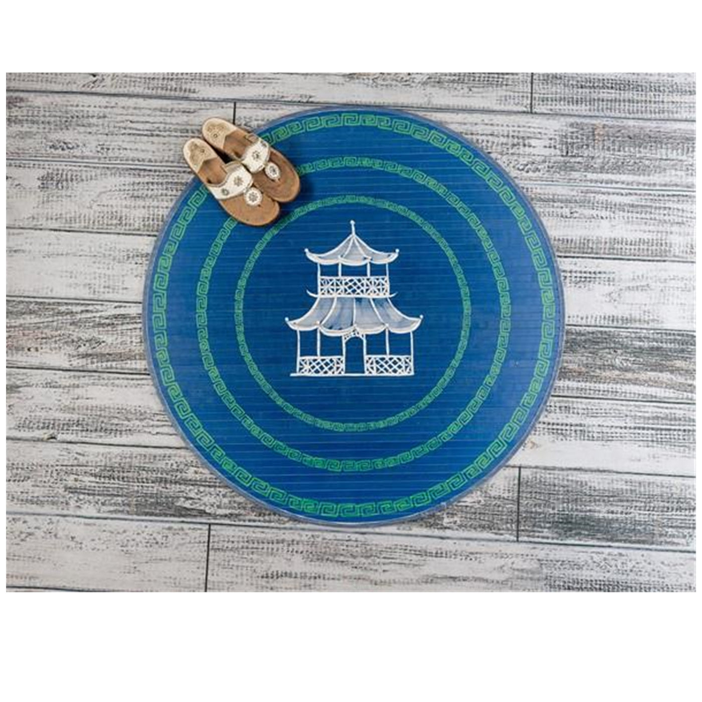 Round Bamboo Mat, Blue and Green Pagoda 35"