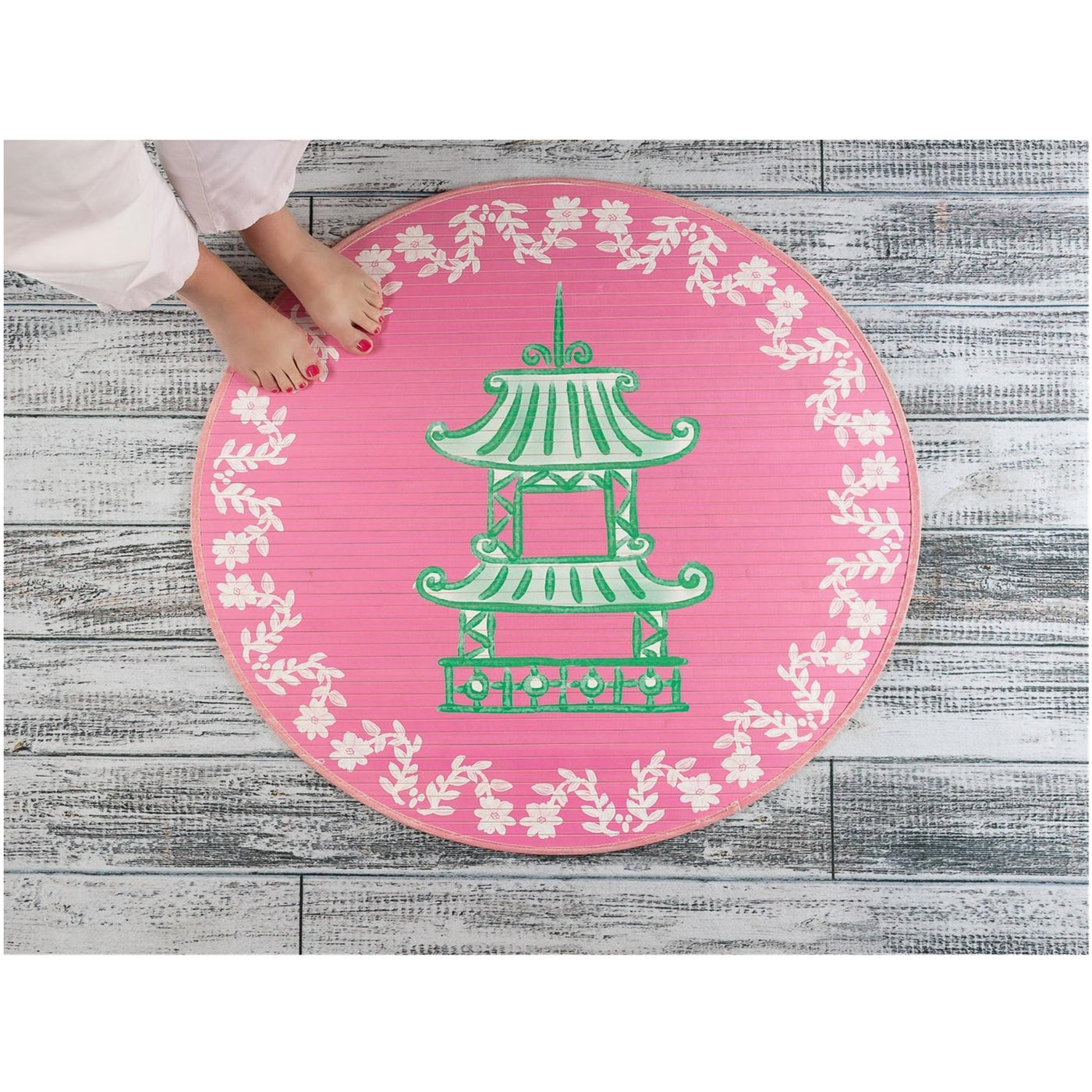 Round Bamboo Mat, Pink and Green Pagoda 35"